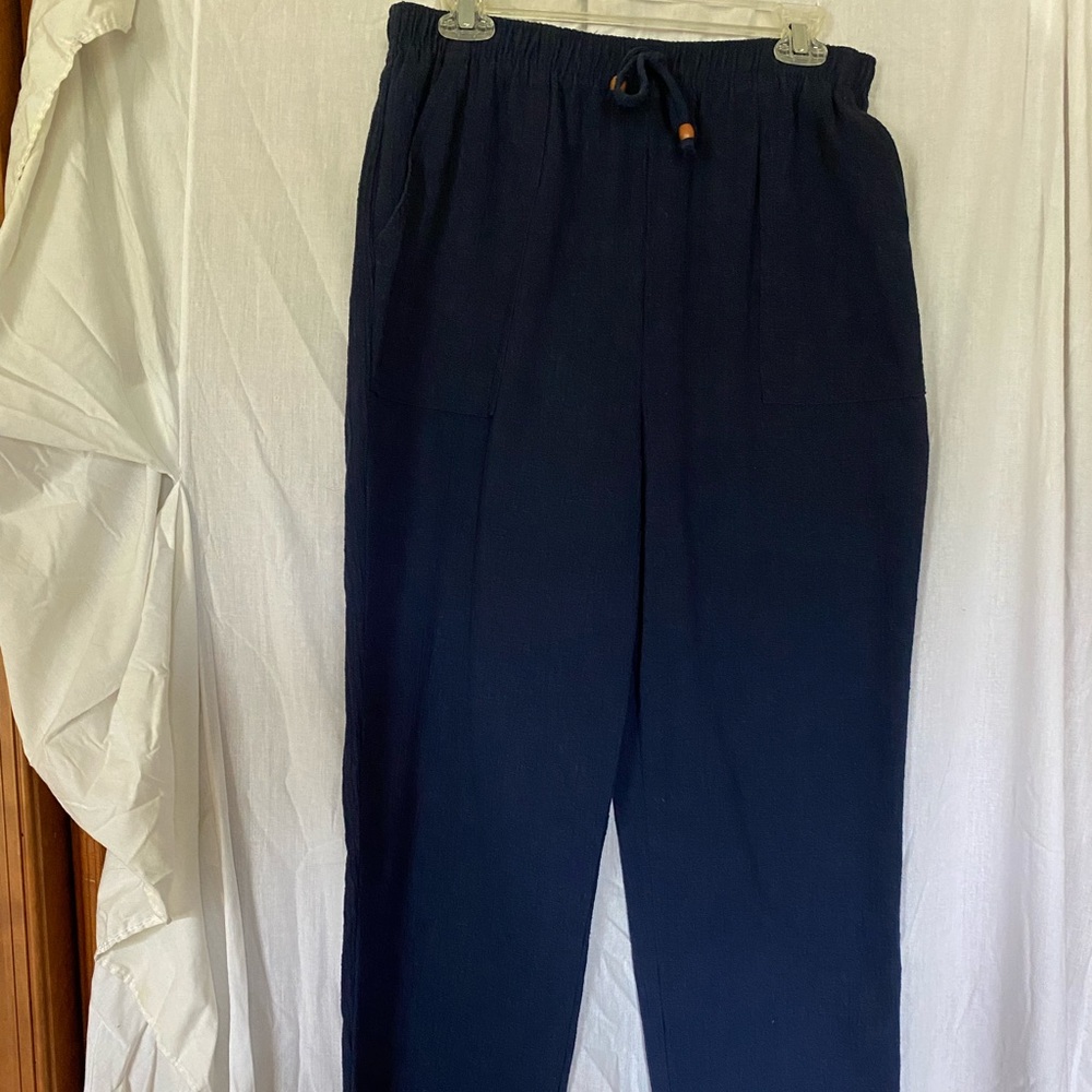 Navy Blue Straight-Leg Linen Trousers